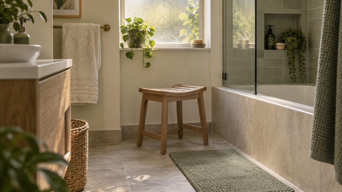 A tidy bathroom with a folded towel, wooden shower stool, and non-slip bath mat beside the tub.