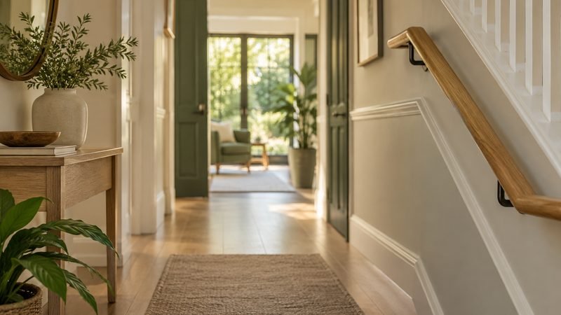 A bright hallway with a wooden handrail and a clear floor with a small rug.