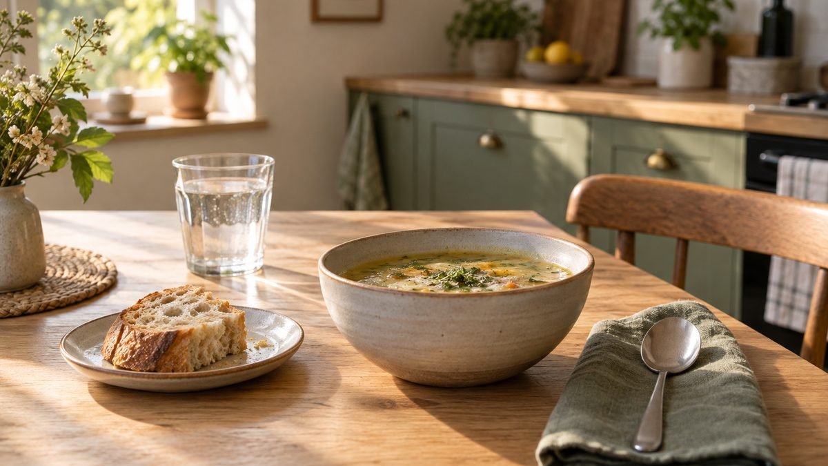 A kitchen table set for one with soup, bread, a glass of water, and a cloth napkin.