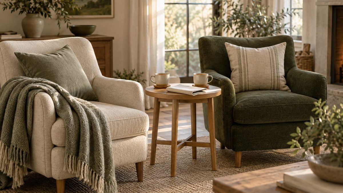 Two armchairs side by side with a side table holding two cups of tea.