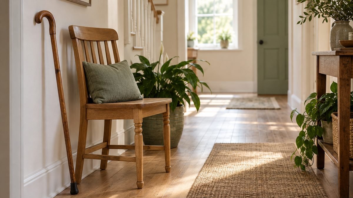 A hallway with a walking stick beside a sturdy wooden chair on a clear floor.