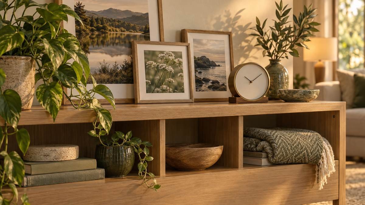 A restful Markham living room with family photographs, a clear clock, tea cup and soft blanket