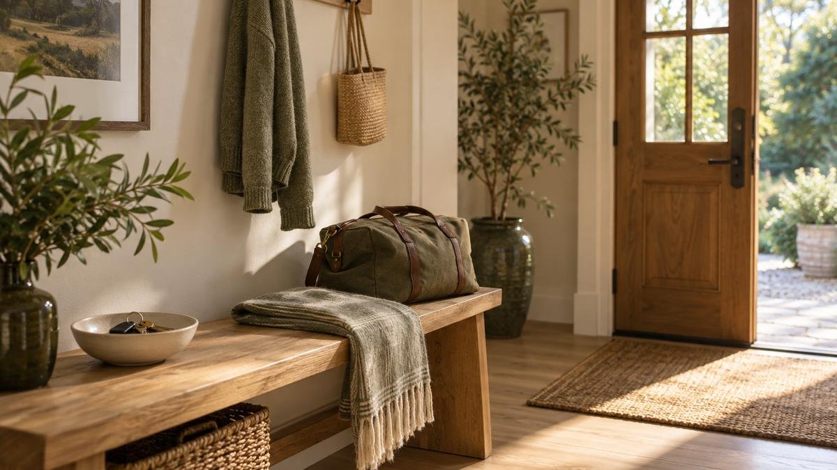 A home hallway bench with an overnight bag, cane, house keys, and neatly folded blanket.