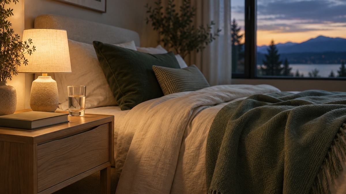 A dim bedroom nightstand with warm light, water, reading material and neatly arranged comfort items.