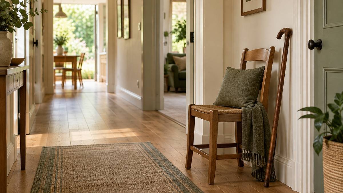 A tidy living room with a walker beside a stable armchair and clear floor space